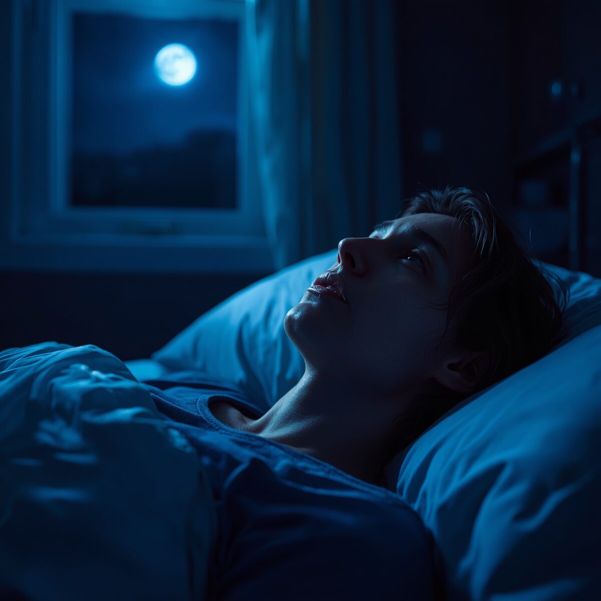 Person lying awake at night with insomnia — sleep disorder treatment in Olympia WA at Healthy Minds Psychiatry